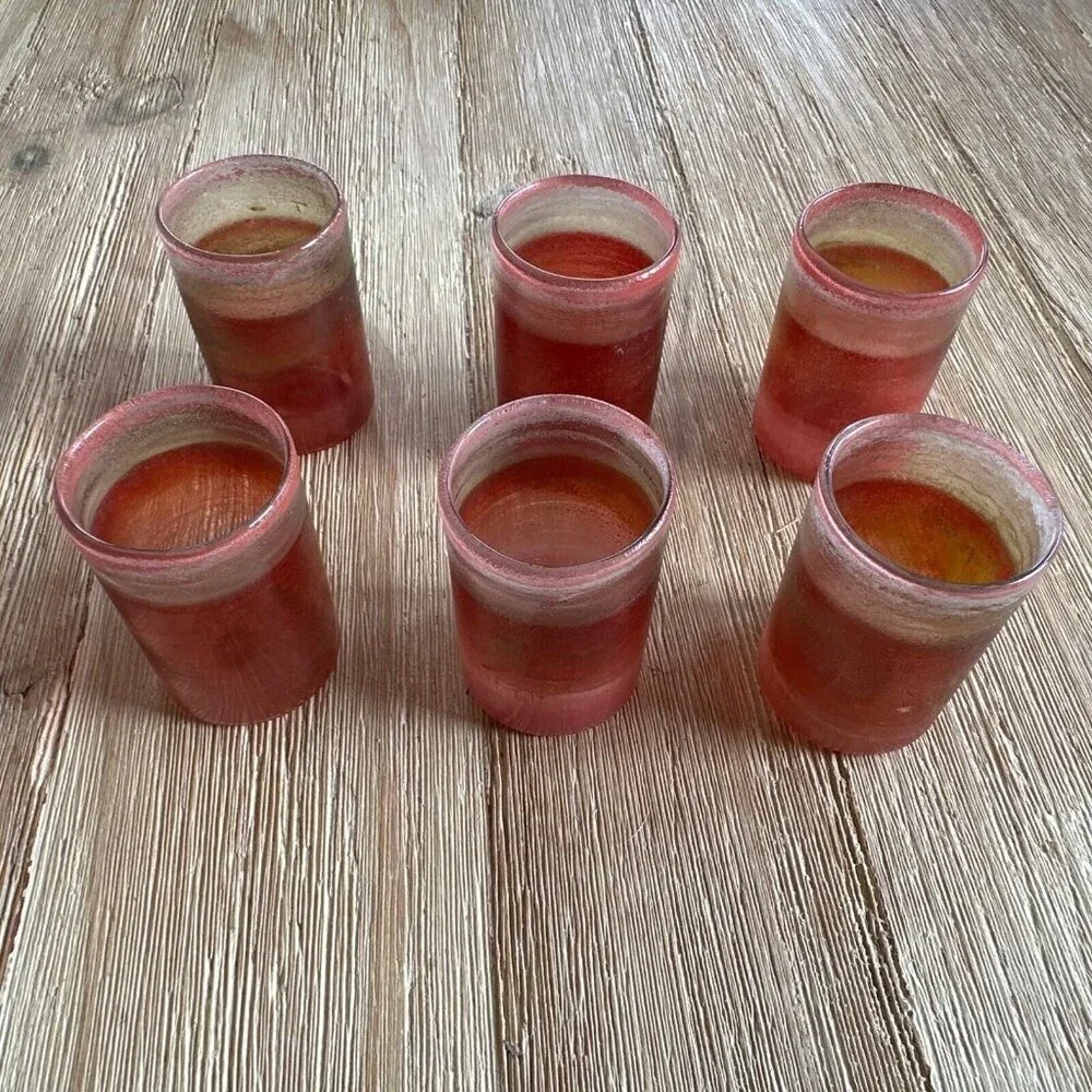 6 Hand Blown Art Glass Shot Glasses Pink Gold Swirl Bohemian Artisan Mid Century